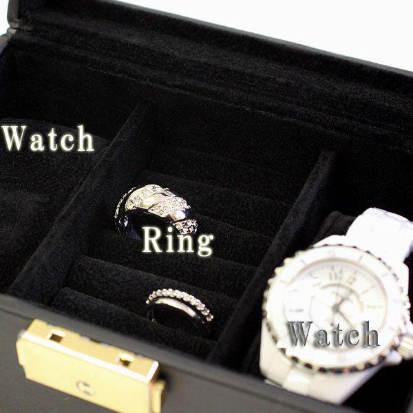 時計入れ 時計2本×リング 高級感 オシャレ 腕時計ケース コレクションケース 収納ケース 収納ボックス ジュエリーボックス 片づける 箱 ブラック 黒色 指輪入れ